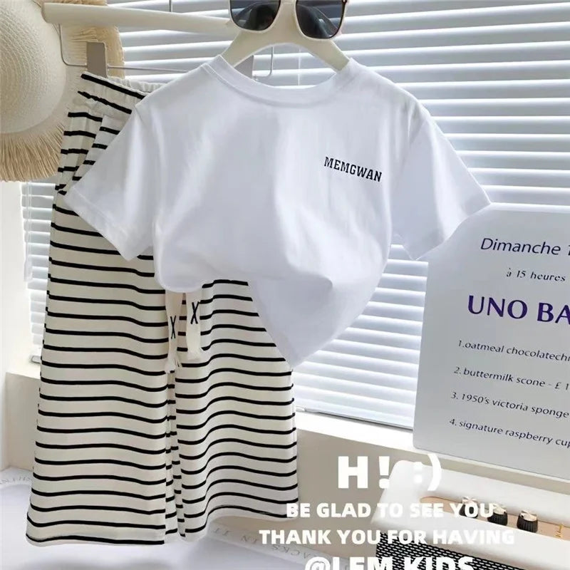 Sommer Mädchen T-Shirt Kleidungssets Kinder Kurzarm-Tops+Gestreifte Hosen 2-teilige Anzüge Mode Lässige Outfits Kinderkleidung 1-8 Jahre