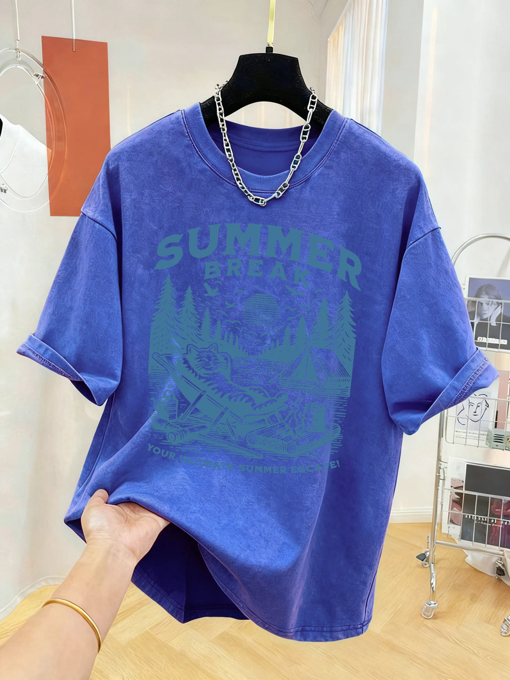 Summer Break Camping Cats Print Herren-T-Shirt mit gewaschenem Effekt, Sport-T-Shirt, weiches T-Shirt aus Baumwolle, lockere Kleidung, Basic-All-Match-Kurzarmshirt
