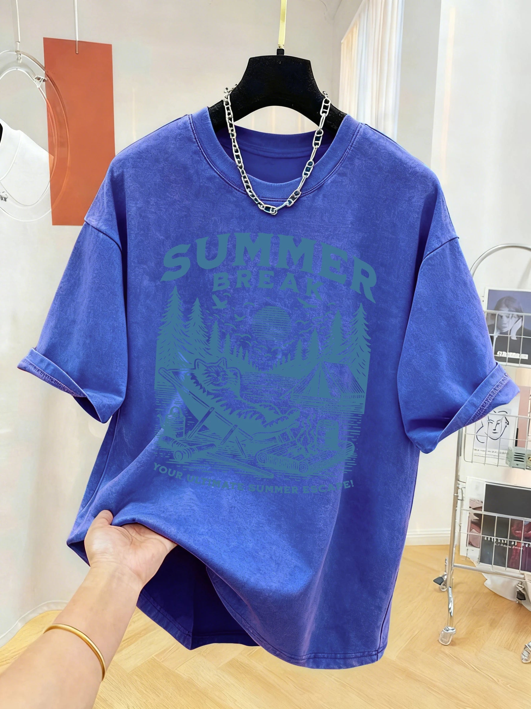Summer Break Camping Cats Print Herren-T-Shirt mit gewaschenem Effekt, Sport-T-Shirt, weiches T-Shirt aus Baumwolle, lockere Kleidung, Basic-All-Match-Kurzarmshirt