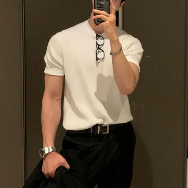 Sommer Herrenbekleidung Leichtes Luxus-T-Shirt Freizeit Langarm O-Ausschnitt Drapiert Einfarbig Lose Basic-Shirt Beliebte Strickwaren