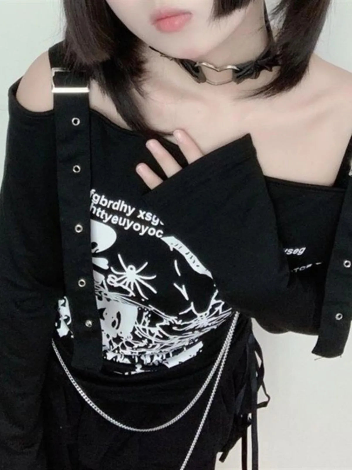 Y2K Damenbekleidung Arcane Stitch T-Shirts 2025, Goth Punk, schulterfrei, langärmelig, lässig, Vintage, sexy Streetwear, Totenköpfe