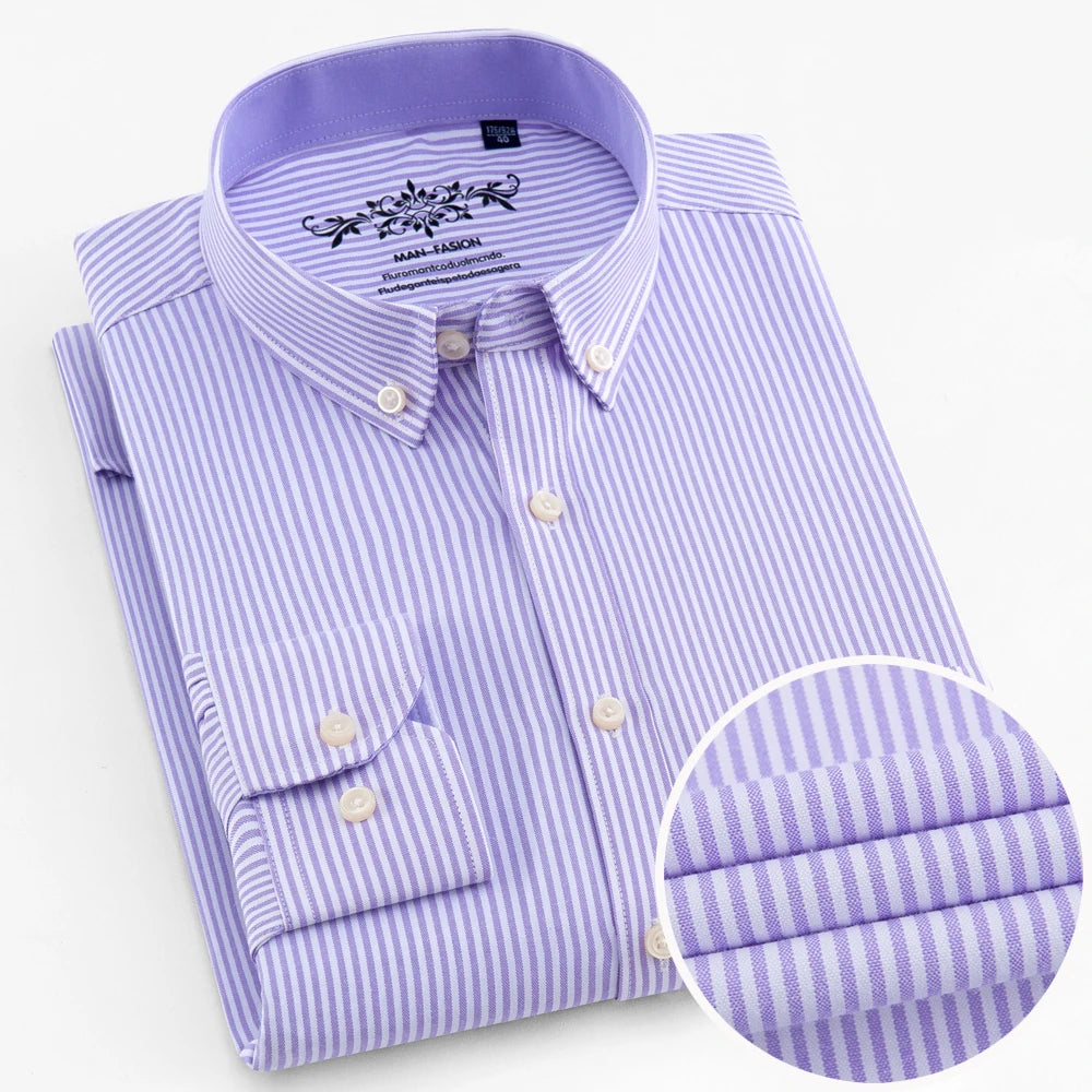 Langärmliges Oxford-Karo-gestreiftes Arbeits-Freizeithemd für Herren mit Tasche, Frühlings-Herbst-Baumwollmischung, reguläre Passform, Button-Down-Hemden