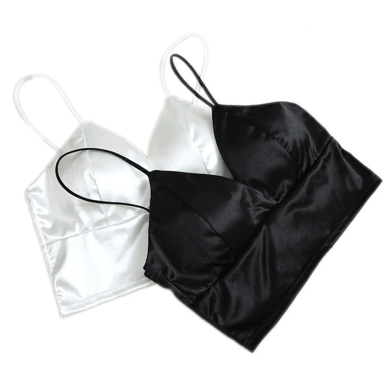 Sexy Satin Crop Tops Frauen drahtlose Bra lette Häkeln Top weibliche Spaghetti träger T-Shirt mit Brust gepolstert Leibchen Camis abgeschnitten