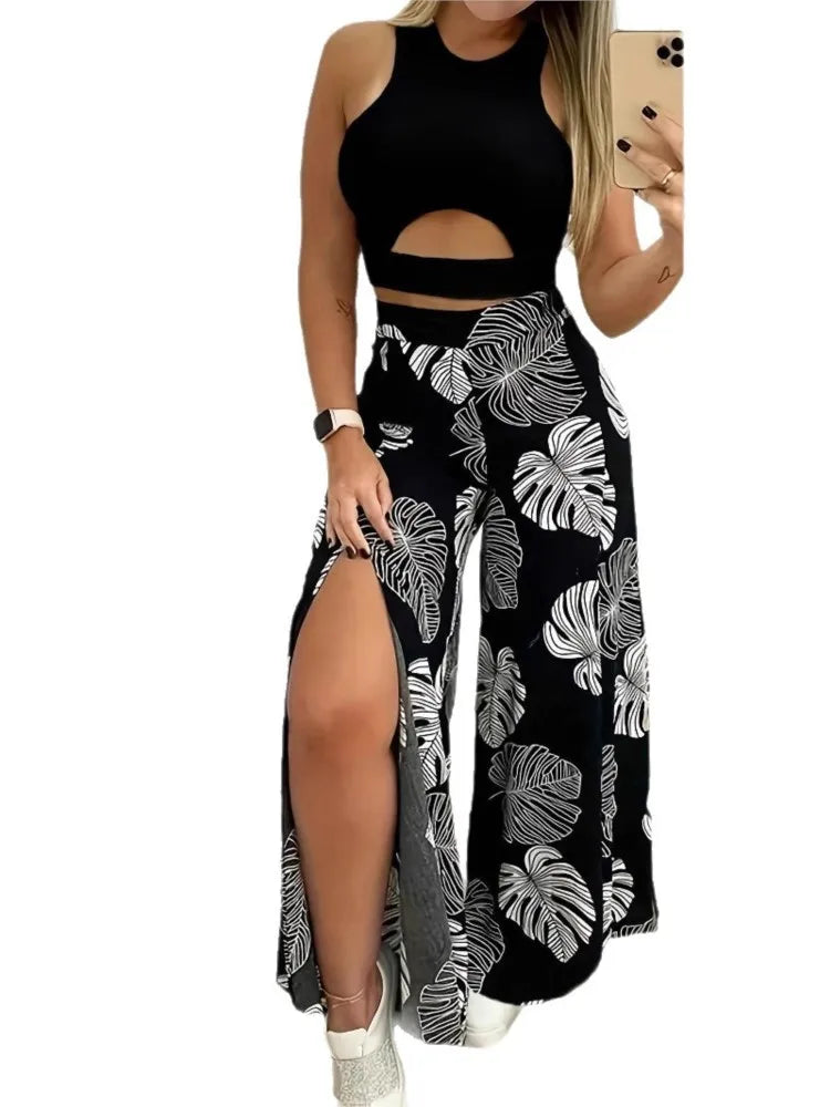 Sommer Mode Zwei Stück Outfits Frau Neue frauen Elegante Casual Hohl O Hals Kurze Weste Gedruckt Hosen Set Frauen kleidung