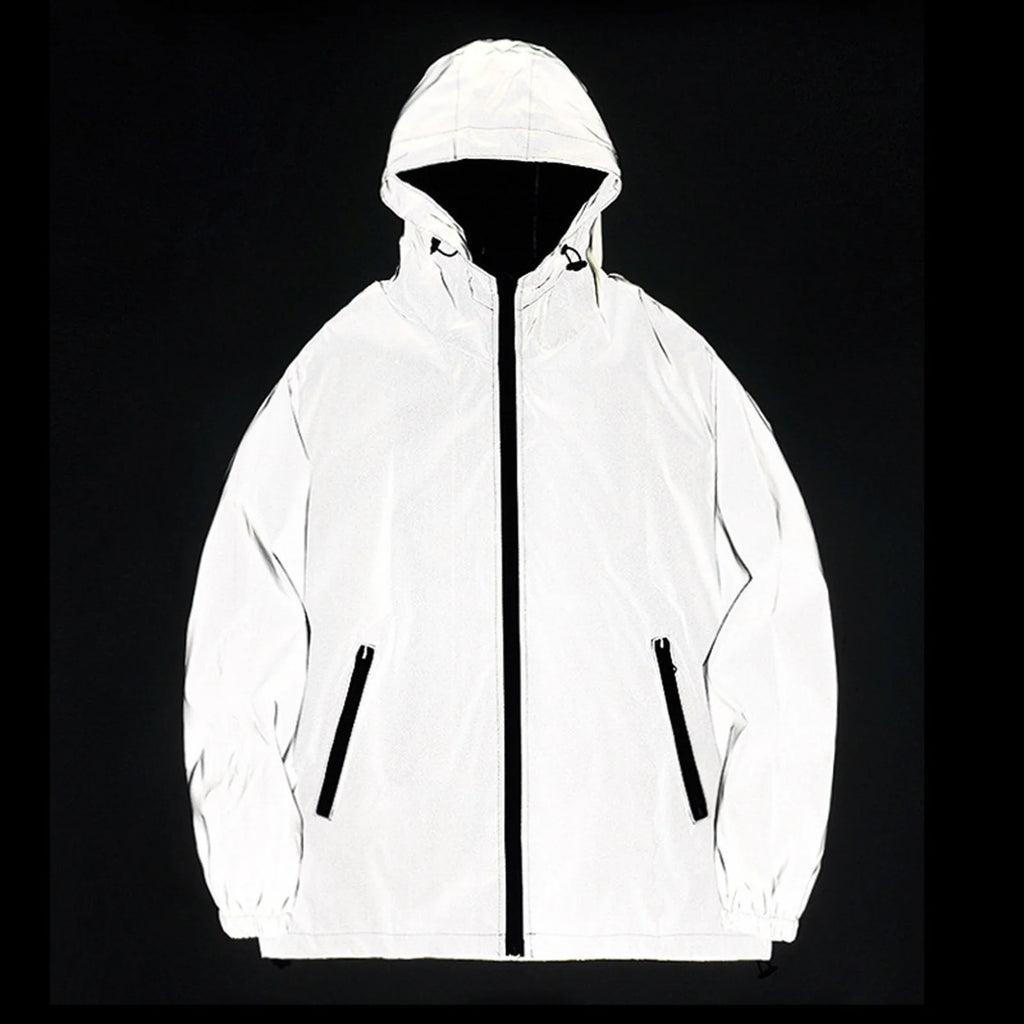 Männer Voll Reflektierende Jacke Casual Frauen Windjacke Hip Hop Mit Kapuze Mantel Wasserdicht Gedruckt Streetwear Nacht Glänzende Jacken 5XL
