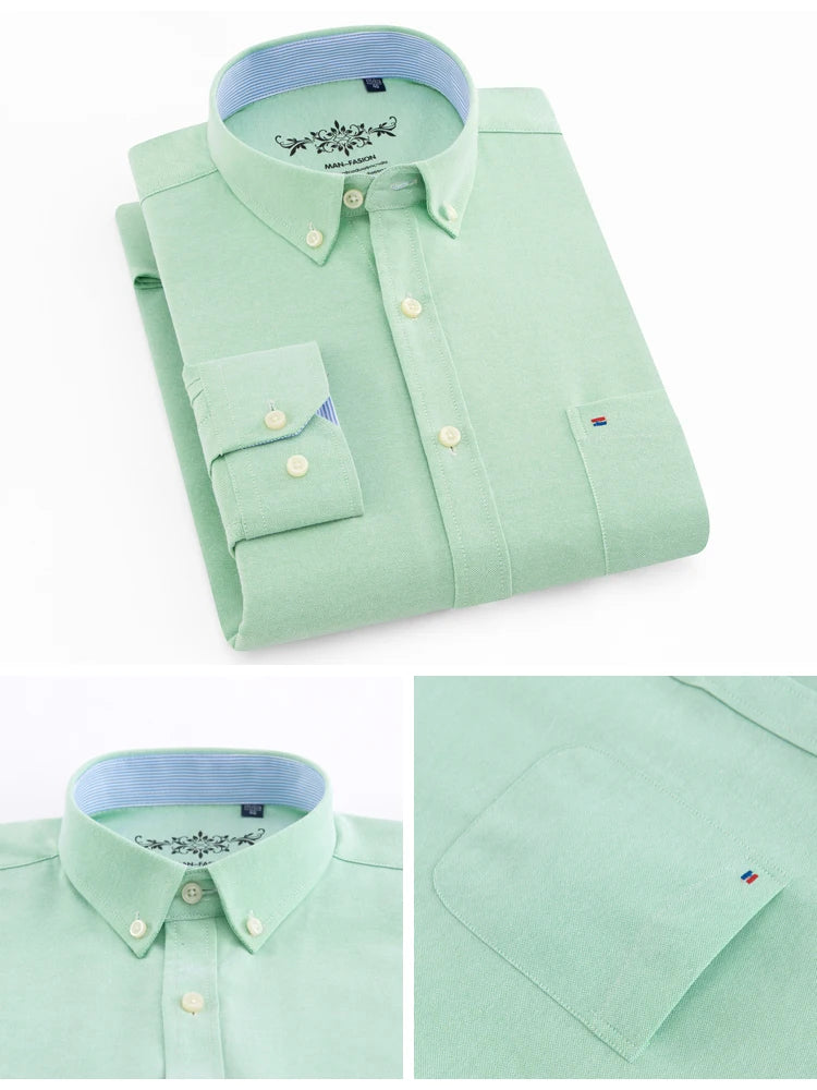 Langärmliges Oxford-Karo-gestreiftes Arbeits-Freizeithemd für Herren mit Tasche, Frühlings-Herbst-Baumwollmischung, reguläre Passform, Button-Down-Hemden