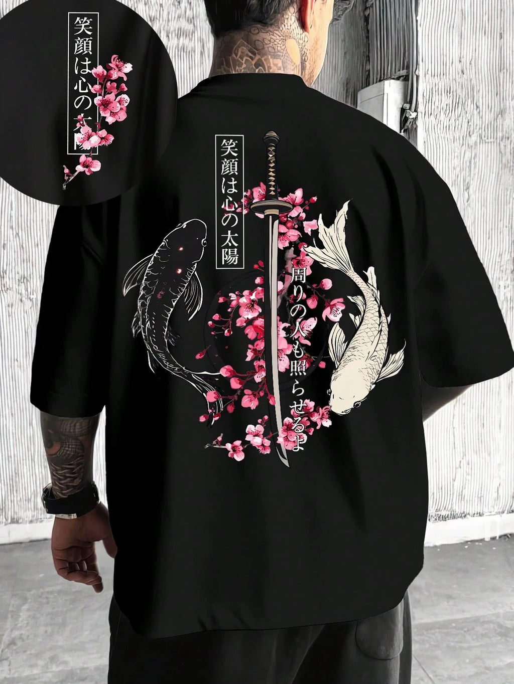Sommer Japan Koi Sakura Katana Prints Baumwoll-T-Shirts für Herren, kurzärmelige T-Shirts, übergroße O-Ausschnitt-Soft-Tops, lässige Herrenkleidung