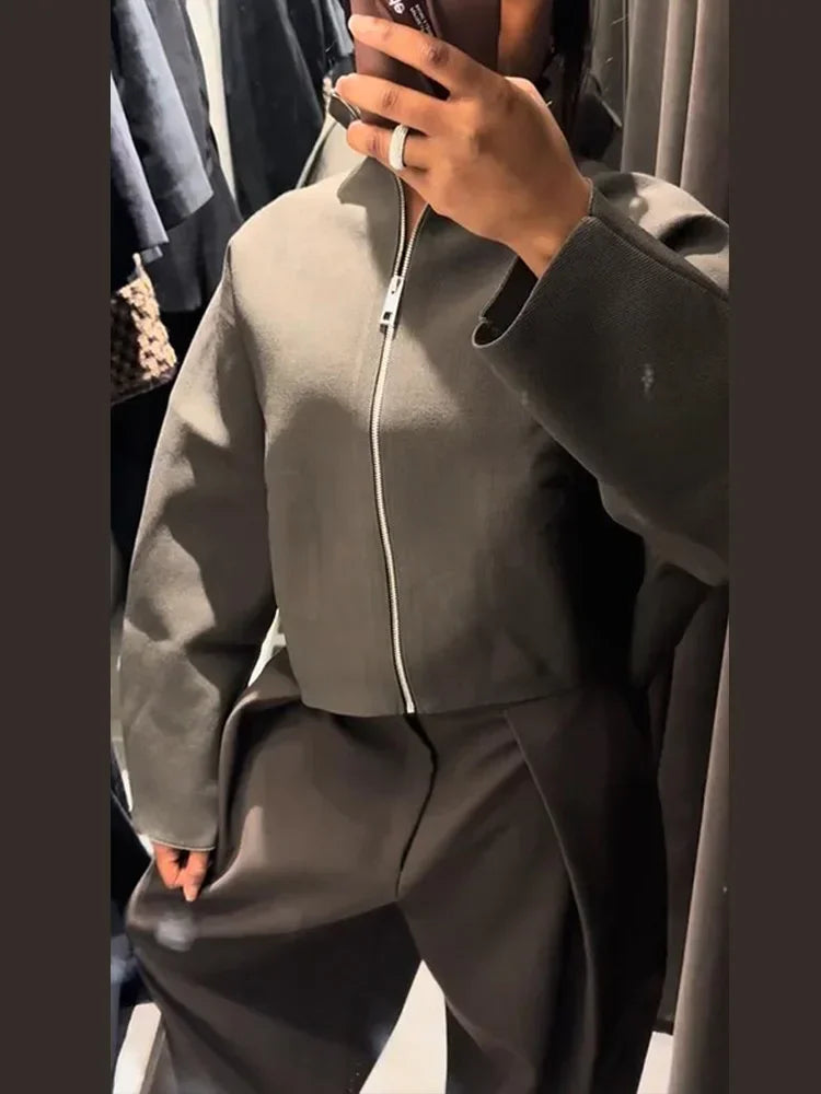 Frauen Casual Solide Strick Kurze Strickjacke Revers Volle Hülse Zipper Lose Abgeschnitten Mäntel 2025, Dame Täglichen Pendeln Mode Oberbekleidung