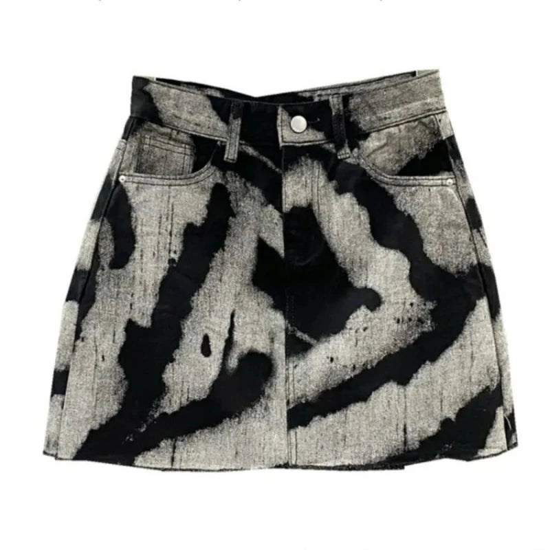 Batik-Druck Minirock Damen Mode Persönlichkeit Hohe Taille Taschen A-Linie Jeansröcke Spicy Girl Retro Sexy Y2K Streetwear
