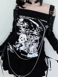 Y2K Damenbekleidung Arcane Stitch T-Shirts 2025, Goth Punk, schulterfrei, langärmelig, lässig, Vintage, sexy Streetwear, Totenköpfe