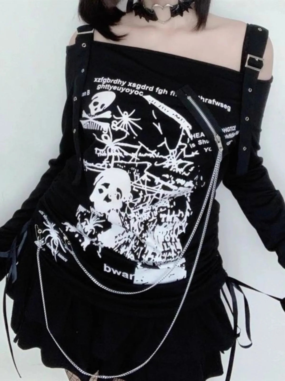 Y2K Damenbekleidung Arcane Stitch T-Shirts 2025, Goth Punk, schulterfrei, langärmelig, lässig, Vintage, sexy Streetwear, Totenköpfe