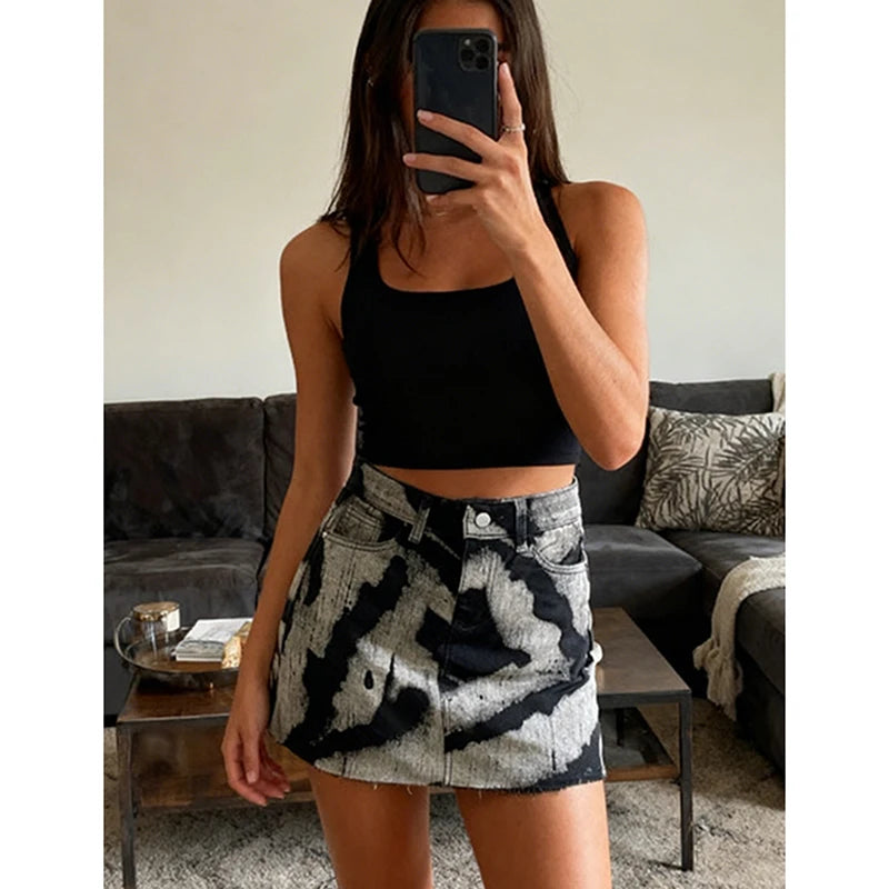 Batik-Druck Minirock Damen Mode Persönlichkeit Hohe Taille Taschen A-Linie Jeansröcke Spicy Girl Retro Sexy Y2K Streetwear