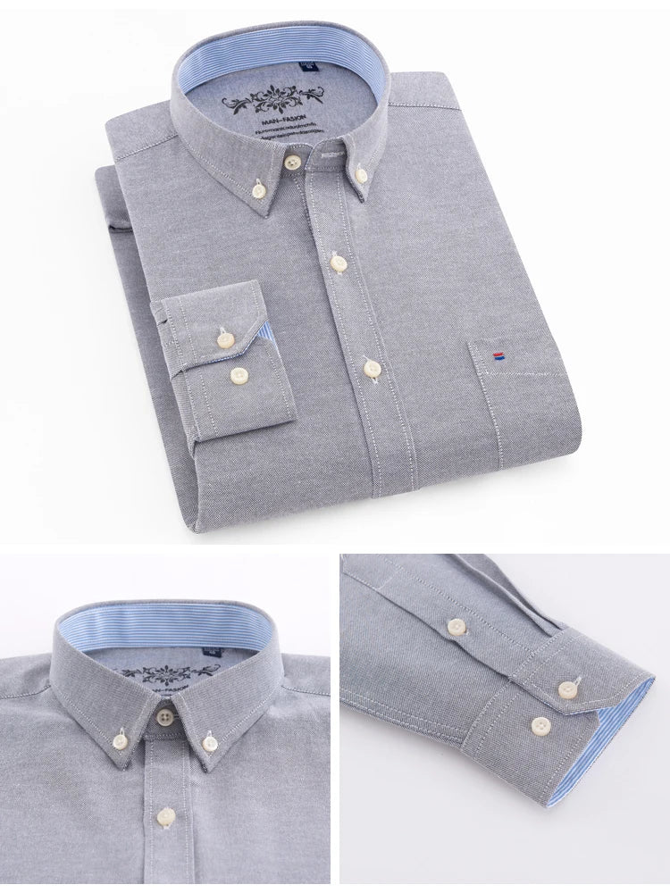 Langärmliges Oxford-Karo-gestreiftes Arbeits-Freizeithemd für Herren mit Tasche, Frühlings-Herbst-Baumwollmischung, reguläre Passform, Button-Down-Hemden