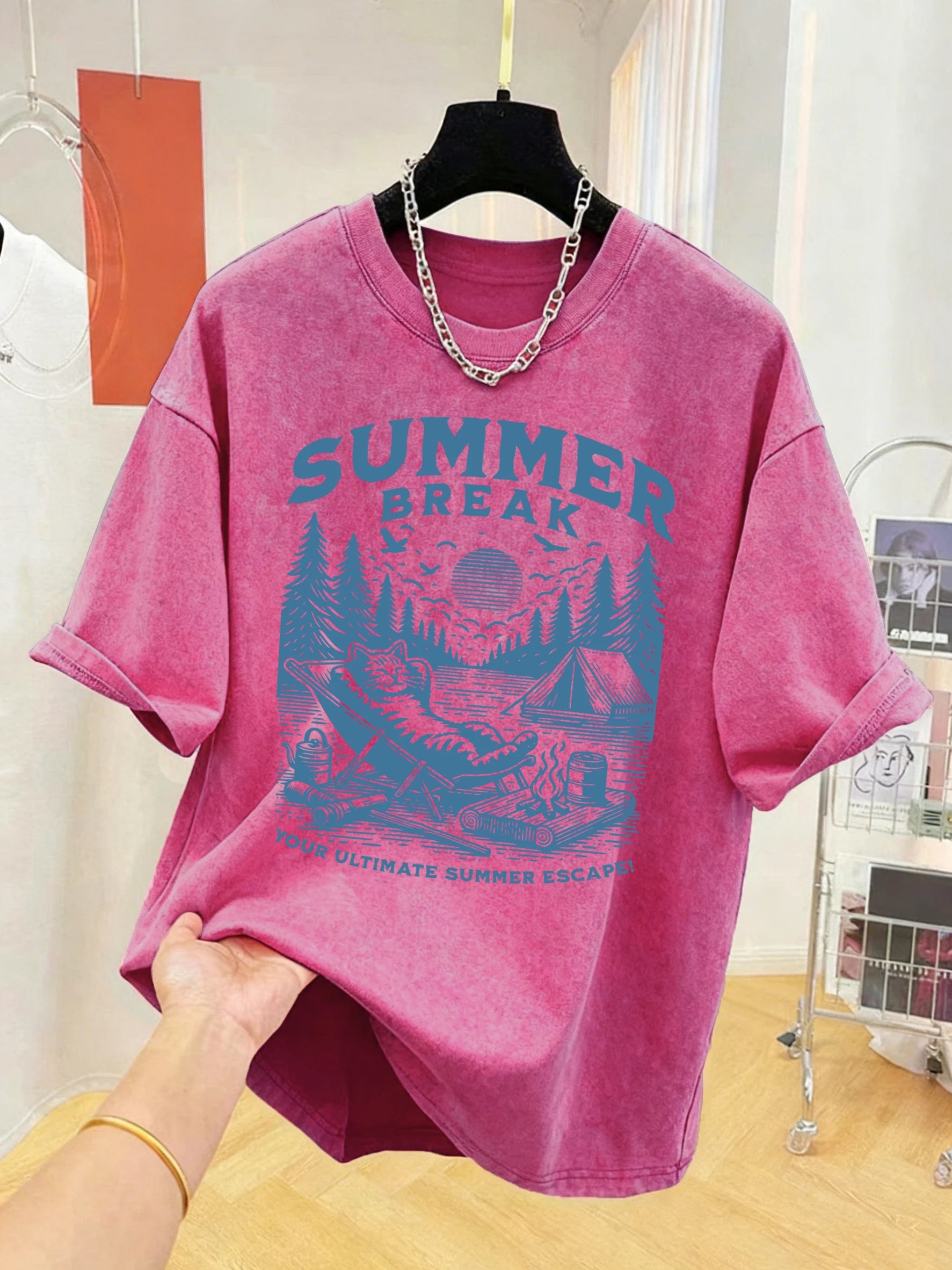 Summer Break Camping Cats Print Herren-T-Shirt mit gewaschenem Effekt, Sport-T-Shirt, weiches T-Shirt aus Baumwolle, lockere Kleidung, Basic-All-Match-Kurzarmshirt