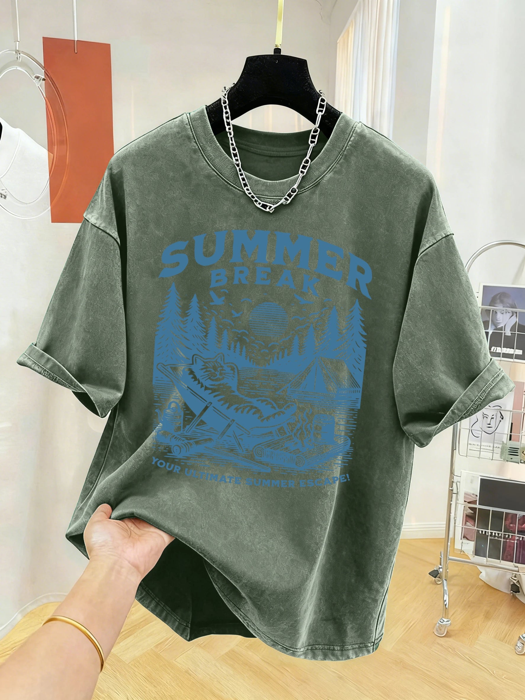 Summer Break Camping Cats Print Herren-T-Shirt mit gewaschenem Effekt, Sport-T-Shirt, weiches T-Shirt aus Baumwolle, lockere Kleidung, Basic-All-Match-Kurzarmshirt