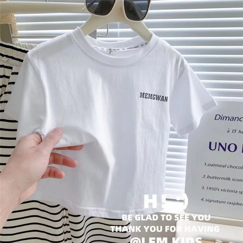 Sommer Mädchen T-Shirt Kleidungssets Kinder Kurzarm-Tops+Gestreifte Hosen 2-teilige Anzüge Mode Lässige Outfits Kinderkleidung 1-8 Jahre