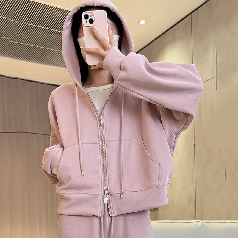 2025 Chic Doppel Reißverschlüsse Gestellte Hoodie Frauen Koreanische Langarm Mit Kapuze Sweatshirt Frau Einfarbig Lose Sport Jacke Weibliche