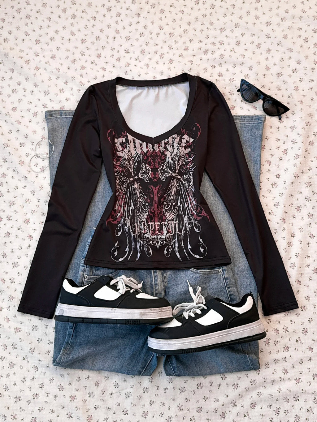 Langärmliges Damen-T-Shirt mit Musikstraßen-Aufdruck im Retro-Stil für Frühling/Sommer