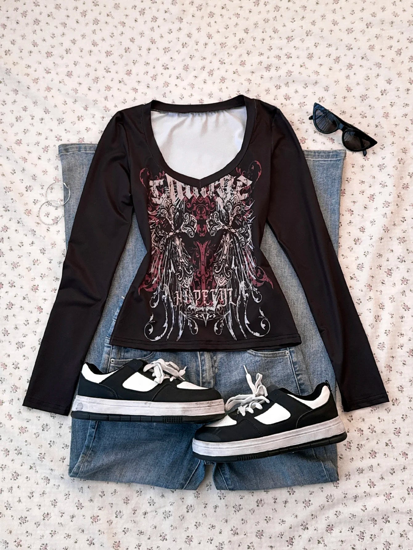 Langärmliges Damen-T-Shirt mit Musikstraßen-Aufdruck im Retro-Stil für Frühling/Sommer
