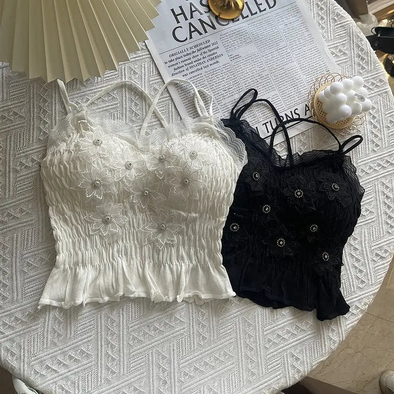 Sommer Frau Kleidung y2k Tops Französisch Diamant Appliqué Leibchen Bodenbildung Shirt Spitze Crop Top frauen Falten Spaghetti Strap Tops