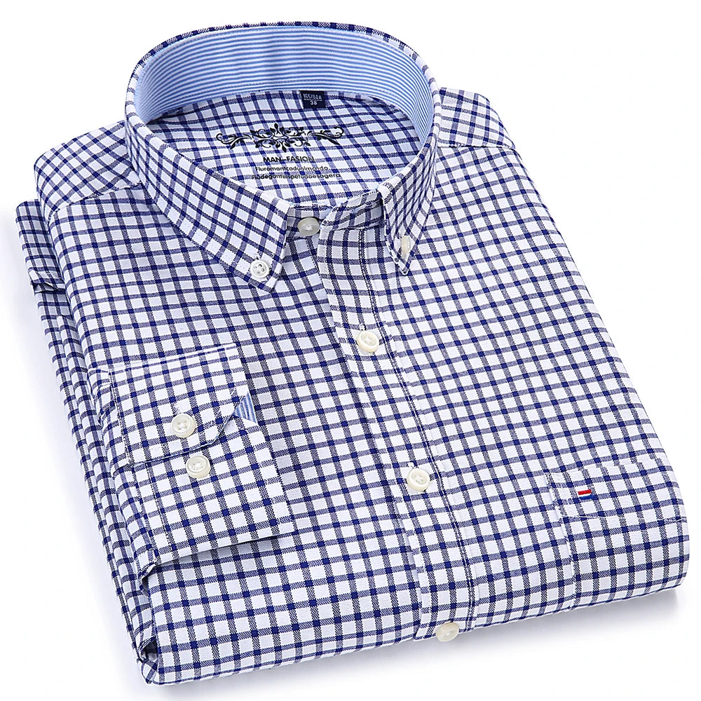 Langärmliges Oxford-Karo-gestreiftes Arbeits-Freizeithemd für Herren mit Tasche, Frühlings-Herbst-Baumwollmischung, reguläre Passform, Button-Down-Hemden