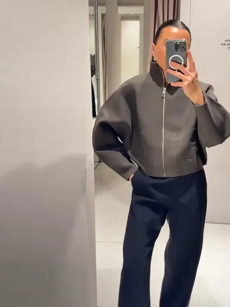 Frauen Casual Solide Strick Kurze Strickjacke Revers Volle Hülse Zipper Lose Abgeschnitten Mäntel 2025, Dame Täglichen Pendeln Mode Oberbekleidung