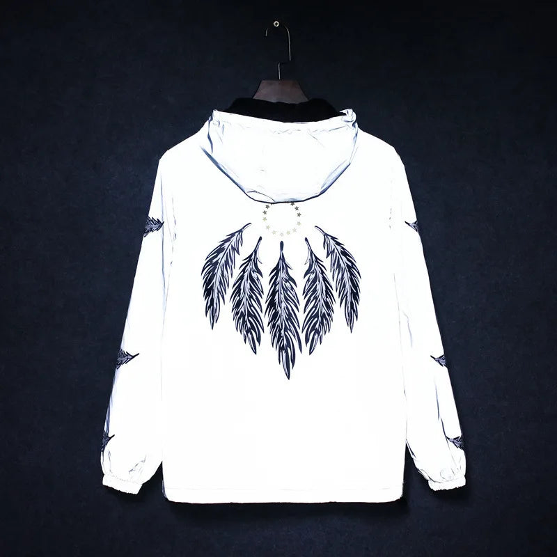 Männer Voll Reflektierende Jacke Casual Frauen Windjacke Hip Hop Mit Kapuze Mantel Wasserdicht Gedruckt Streetwear Nacht Glänzende Jacken 5XL