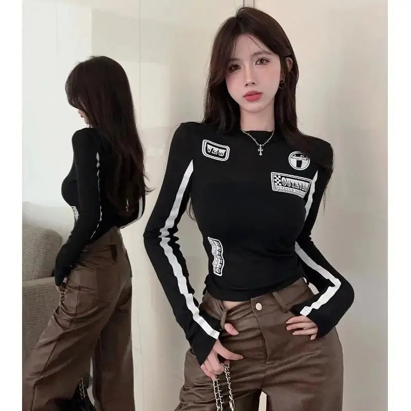 Mode Frau T Shirts Y2k Tops 2025, Ropa Mujer Oansatz Langarm Tunika Tees Casual Koreanische Camisetas Brief Schwarz Crop T-shirts