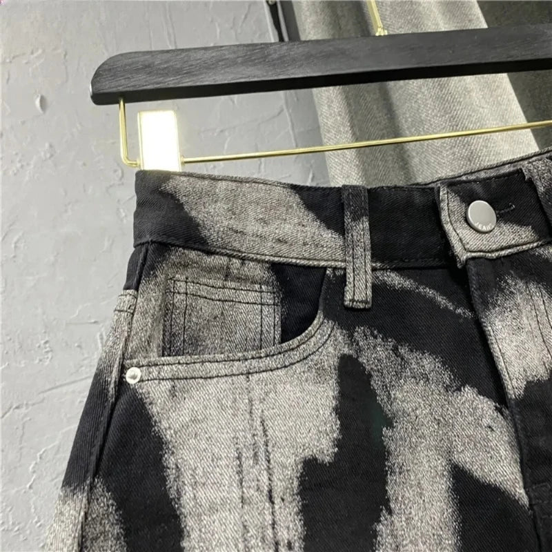 Batik-Druck Minirock Damen Mode Persönlichkeit Hohe Taille Taschen A-Linie Jeansröcke Spicy Girl Retro Sexy Y2K Streetwear