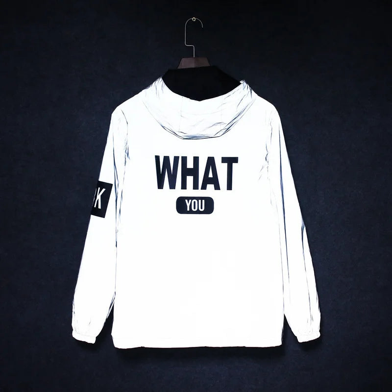 Männer Voll Reflektierende Jacke Casual Frauen Windjacke Hip Hop Mit Kapuze Mantel Wasserdicht Gedruckt Streetwear Nacht Glänzende Jacken 5XL