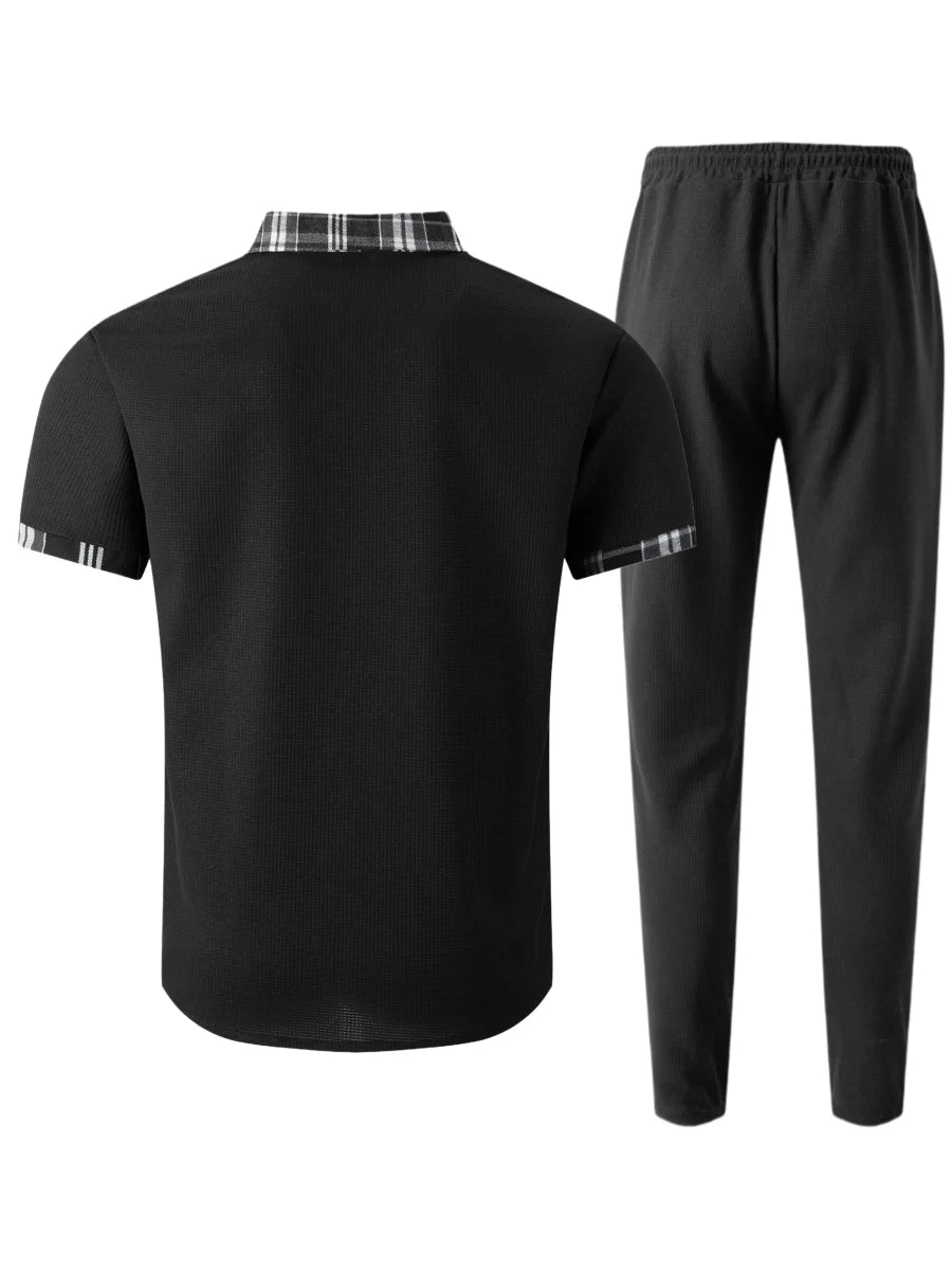 Sommer Herrenmode 2-teiliges Set Strukturiertes Hemd mit Karo-Besatz und Hosenanzug für Alltag, Streetstyle und Urlaubsreisen