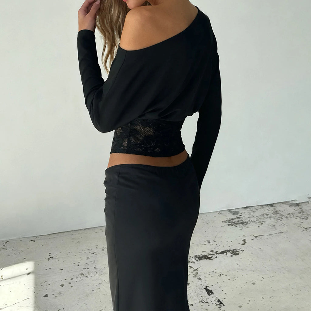 SUCHCUTE Elegantes, schulterfreies, mit Spitzen besetztes, tailliertes Top, Retro-Streetwear, solides Langarm-T-Shirt für Damen, Frühling und Sommer