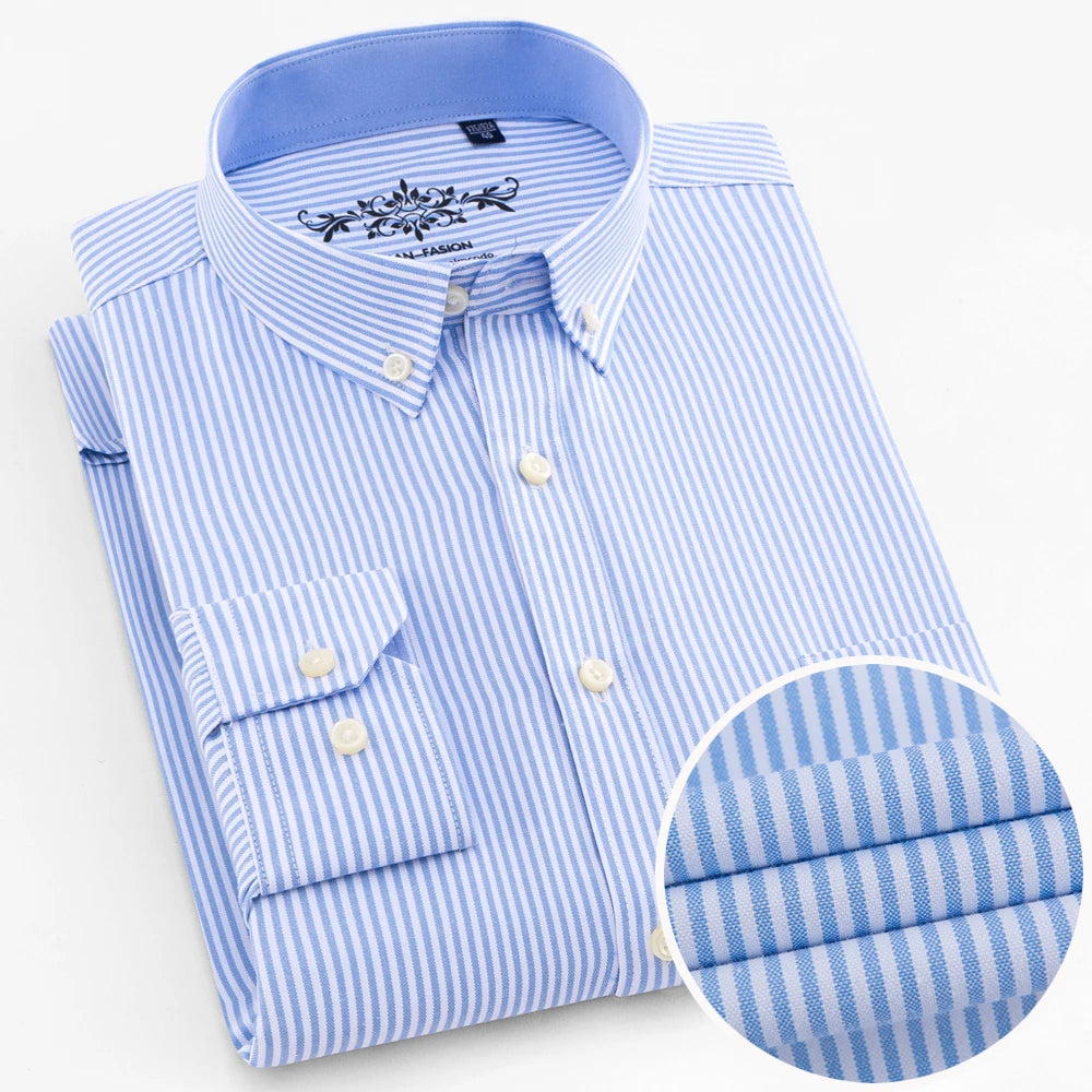Langärmliges Oxford-Karo-gestreiftes Arbeits-Freizeithemd für Herren mit Tasche, Frühlings-Herbst-Baumwollmischung, reguläre Passform, Button-Down-Hemden