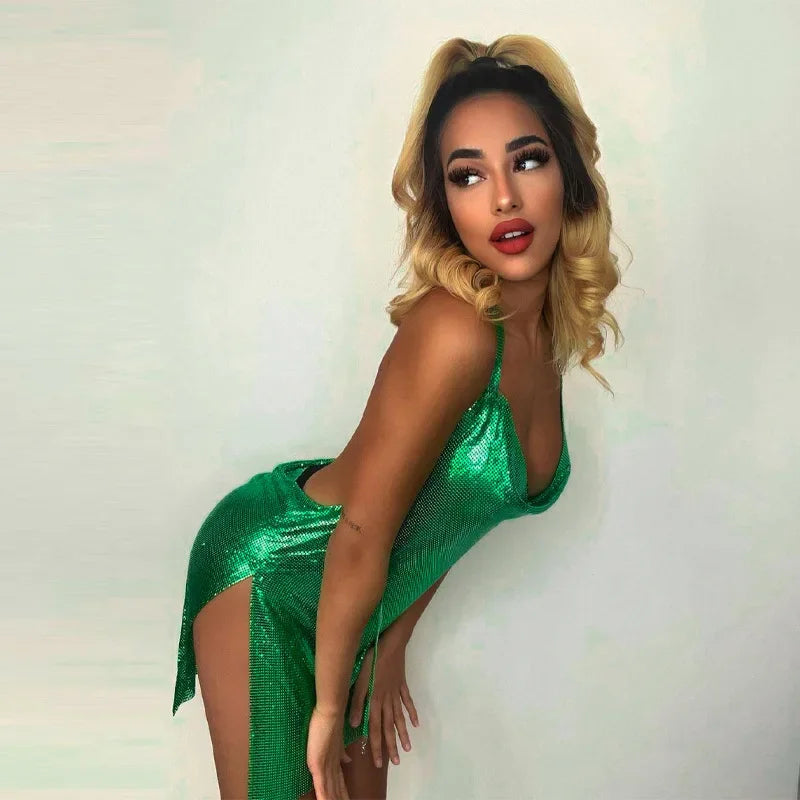 Sexy und modisches Damen-Kleid, elegant, kurz, mit hängendem Hals, rückenfrei, unten auf der Brust, Pailletten, Party-Mädchen-Tanzkleid