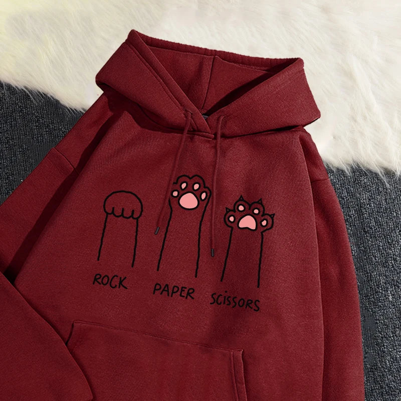 Kawaii Damen Hoodies Rock Paper Schere Lustige Katze Druck Pullover Weiche Atmungsaktive Lose Sweatshirt Herbst Winter Sportswear