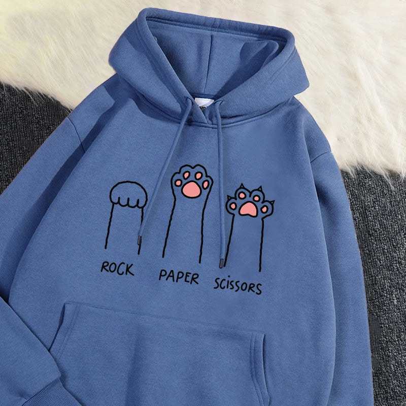 Kawaii Damen Hoodies Rock Paper Schere Lustige Katze Druck Pullover Weiche Atmungsaktive Lose Sweatshirt Herbst Winter Sportswear