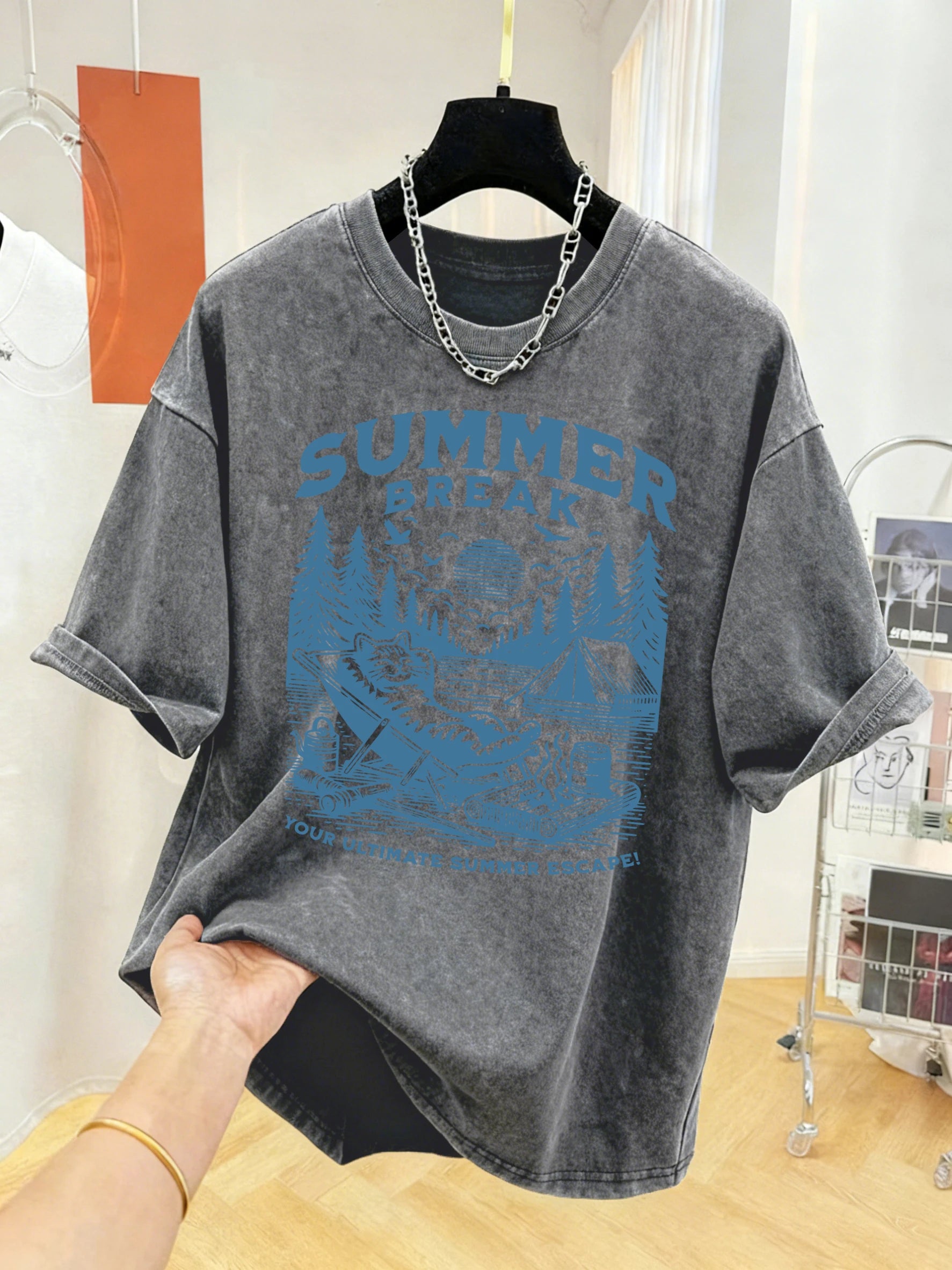 Summer Break Camping Cats Print Herren-T-Shirt mit gewaschenem Effekt, Sport-T-Shirt, weiches T-Shirt aus Baumwolle, lockere Kleidung, Basic-All-Match-Kurzarmshirt