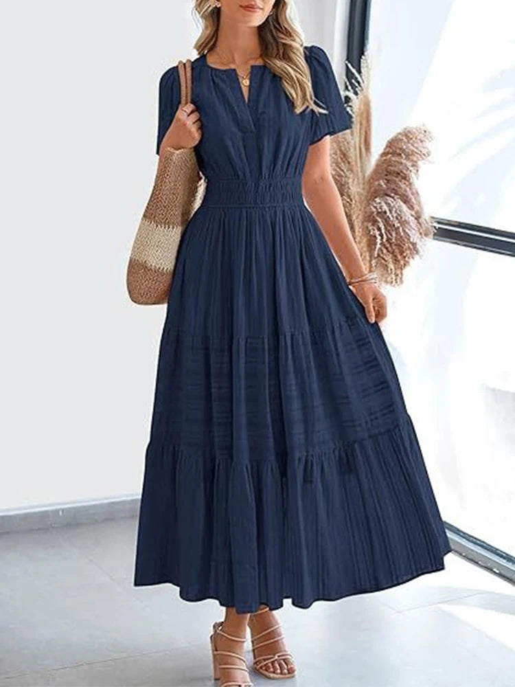 2025, Frühling und Sommer, grenzüberschreitende europäische und amerikanische Mode, Damen-Kleid mit V-Ausschnitt, gefalteten Blasenärmeln, mehrlagig, großes Swing-Kleid