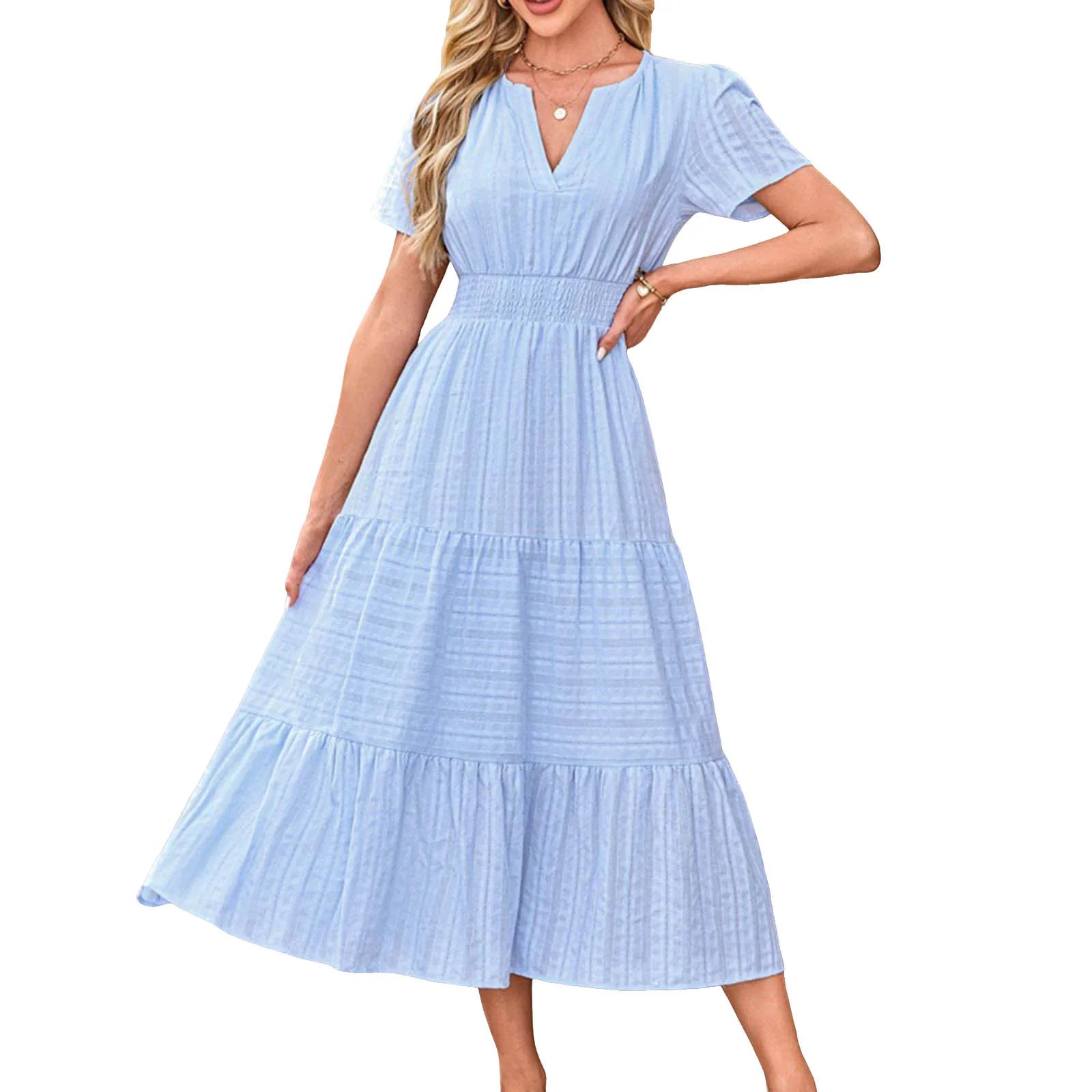 Frauen Swing Kleid Frühling Sommer Casual Einfarbig V-ausschnitt Kurzarm Kleider Elastische Bund Gefüttert Vestidos Für Streetwear