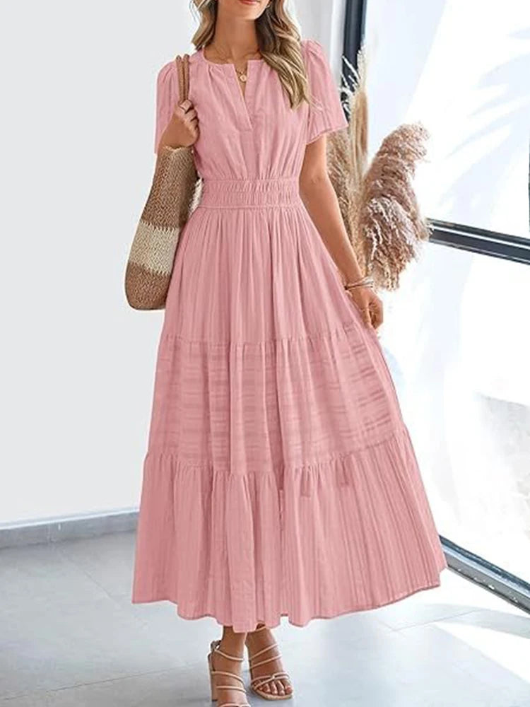 2025, Frühling und Sommer, grenzüberschreitende europäische und amerikanische Mode, Damen-Kleid mit V-Ausschnitt, gefalteten Blasenärmeln, mehrlagig, großes Swing-Kleid