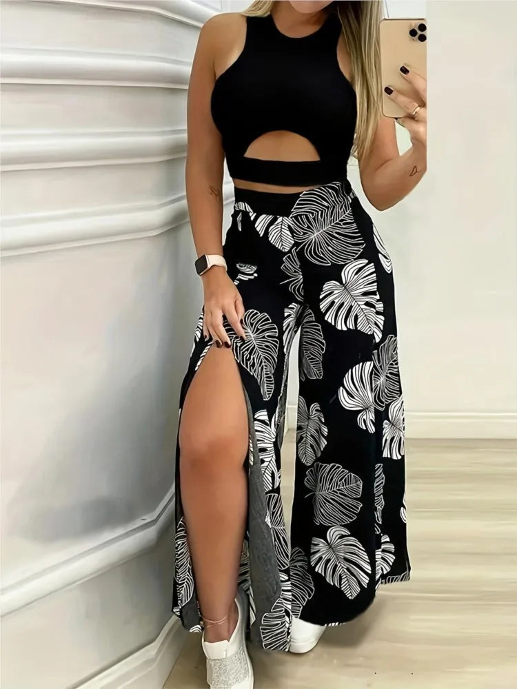 Sommer Mode Zwei Stück Outfits Frau Neue frauen Elegante Casual Hohl O Hals Kurze Weste Gedruckt Hosen Set Frauen kleidung