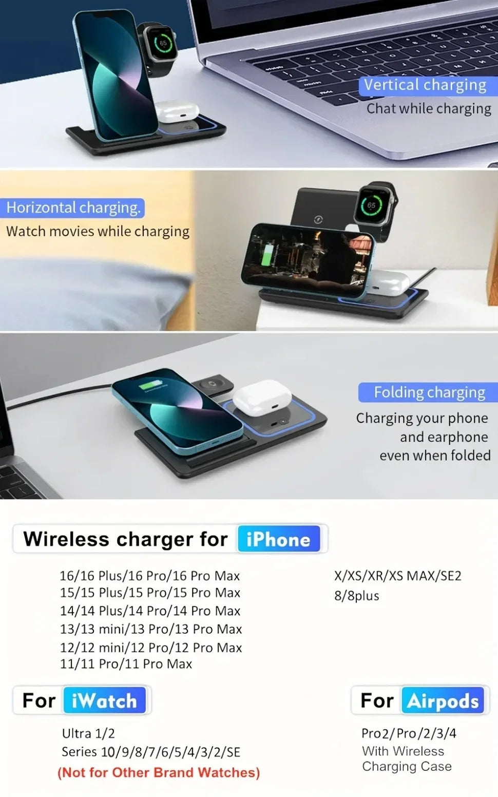 3-in-1 30 W faltbare kabellose Ladestation für iPhone 16 15 14 13 12 Pro Max iWatch Ultra Airpods Pro Schnellladestation Dock