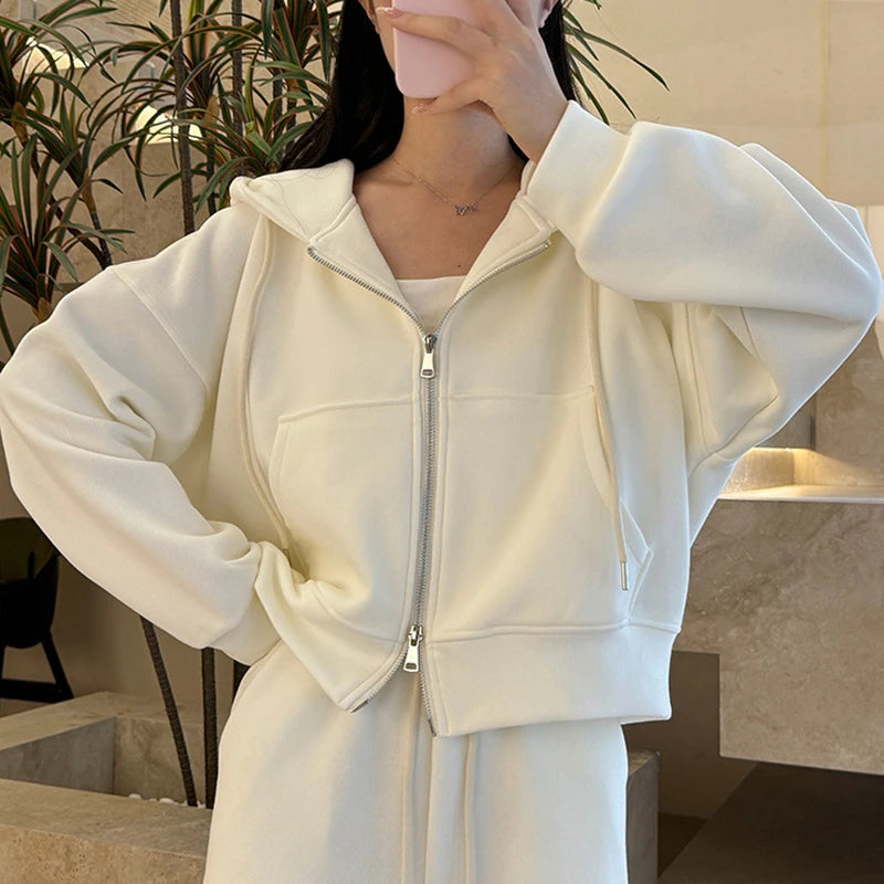 2025 Chic Doppel Reißverschlüsse Gestellte Hoodie Frauen Koreanische Langarm Mit Kapuze Sweatshirt Frau Einfarbig Lose Sport Jacke Weibliche