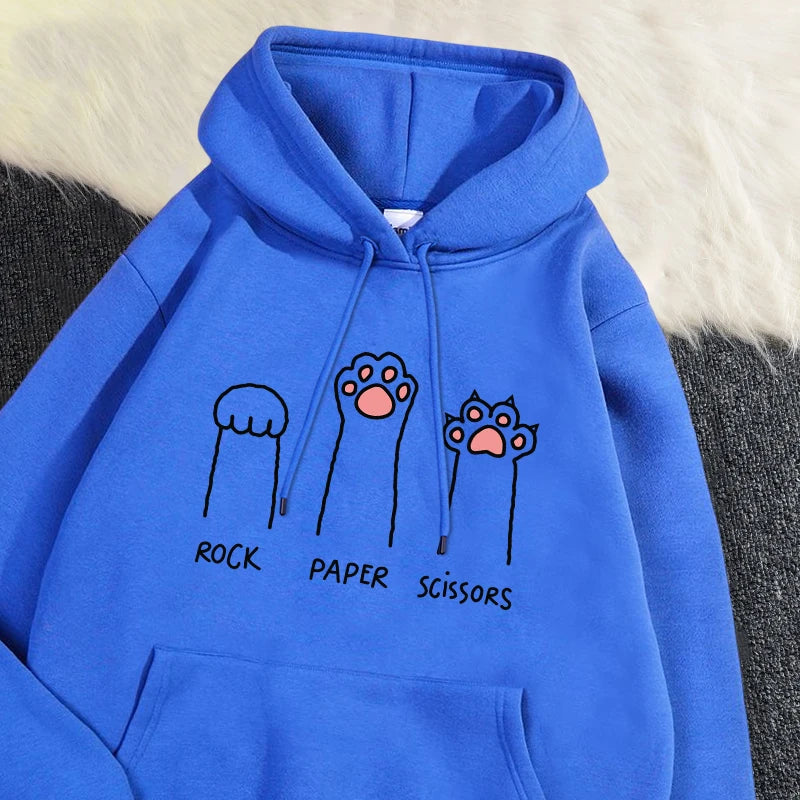 Kawaii Damen Hoodies Rock Paper Schere Lustige Katze Druck Pullover Weiche Atmungsaktive Lose Sweatshirt Herbst Winter Sportswear