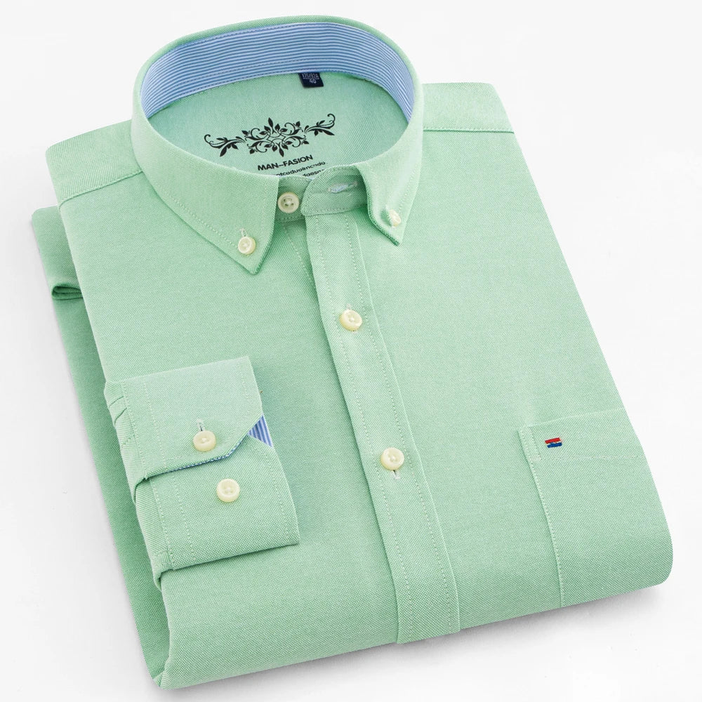 Langärmliges Oxford-Karo-gestreiftes Arbeits-Freizeithemd für Herren mit Tasche, Frühlings-Herbst-Baumwollmischung, reguläre Passform, Button-Down-Hemden
