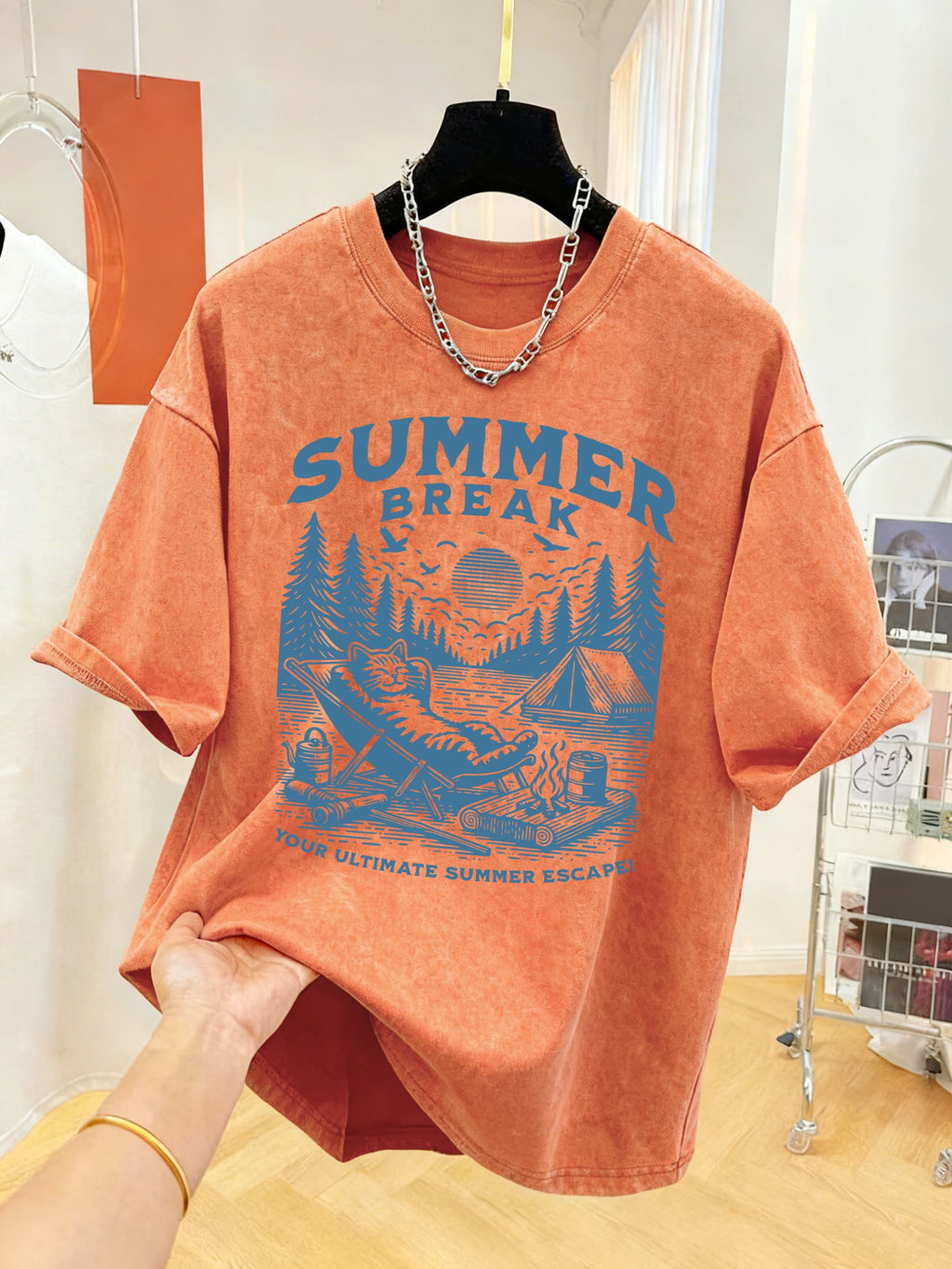 Summer Break Camping Cats Print Herren-T-Shirt mit gewaschenem Effekt, Sport-T-Shirt, weiches T-Shirt aus Baumwolle, lockere Kleidung, Basic-All-Match-Kurzarmshirt
