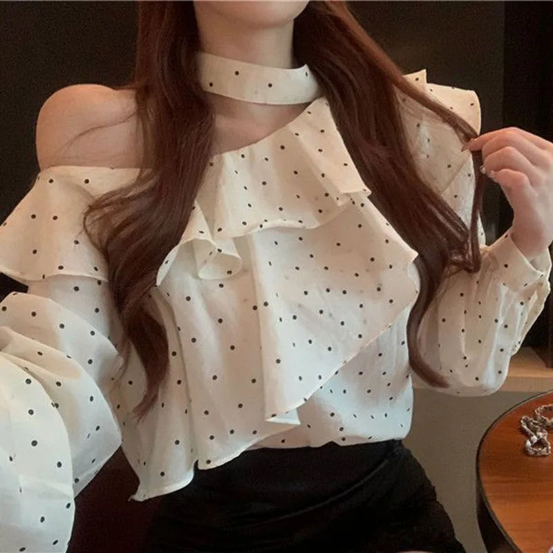 Französisch Stil Neckholder Polka Dot Chiffon Shirts Frau Elegante Off Schulter Rüschen Blusen Damen Koreanische All-Match Trend Blusas