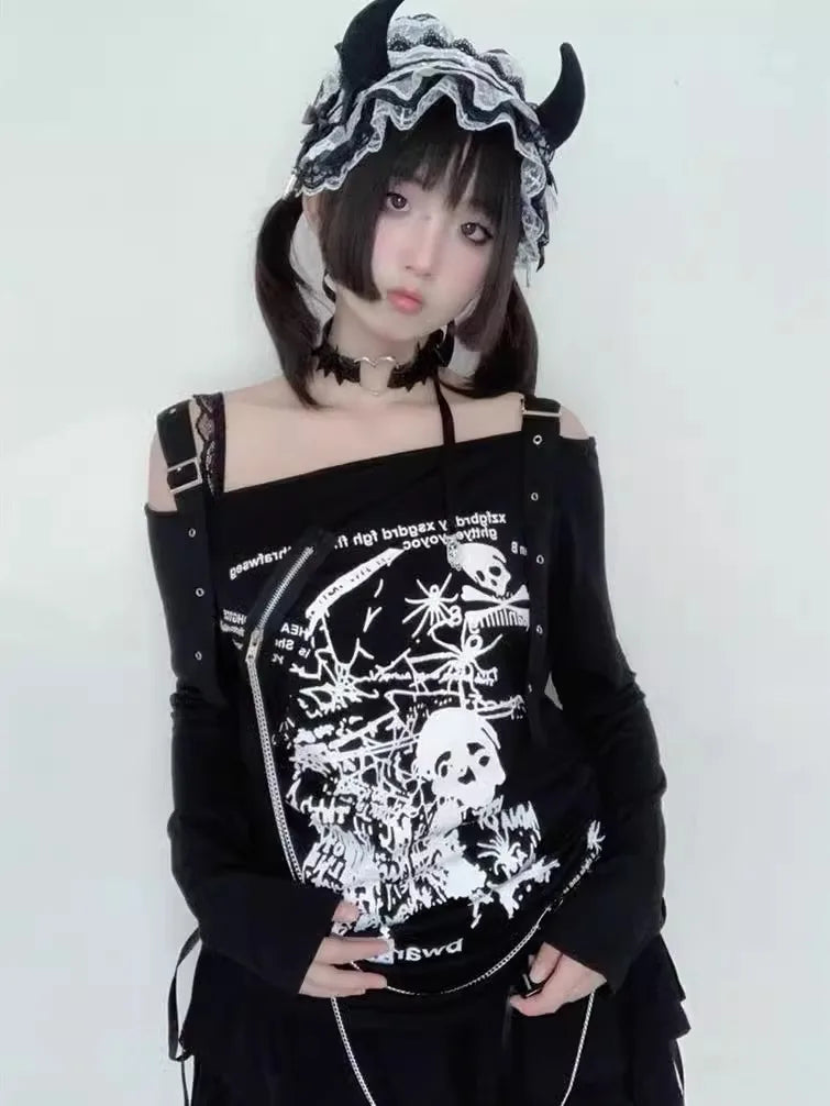 Y2K Damenbekleidung Arcane Stitch T-Shirts 2025, Goth Punk, schulterfrei, langärmelig, lässig, Vintage, sexy Streetwear, Totenköpfe