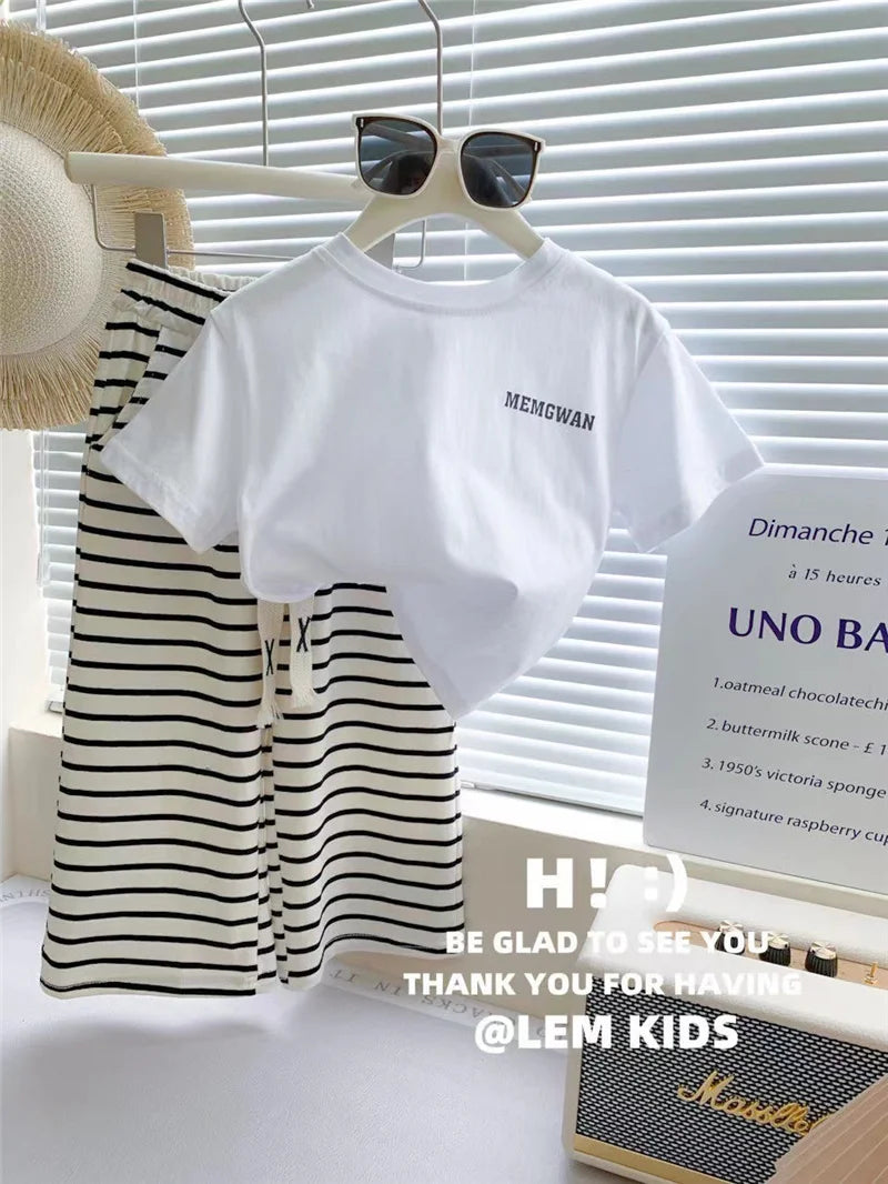Sommer Mädchen T-Shirt Kleidungssets Kinder Kurzarm-Tops+Gestreifte Hosen 2-teilige Anzüge Mode Lässige Outfits Kinderkleidung 1-8 Jahre