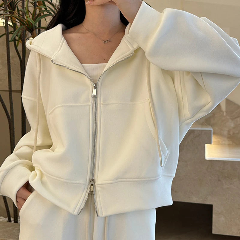 2025 Chic Doppel Reißverschlüsse Gestellte Hoodie Frauen Koreanische Langarm Mit Kapuze Sweatshirt Frau Einfarbig Lose Sport Jacke Weibliche